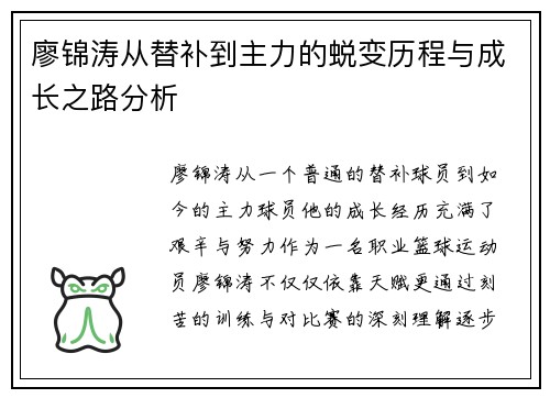 廖锦涛从替补到主力的蜕变历程与成长之路分析