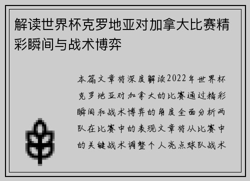 解读世界杯克罗地亚对加拿大比赛精彩瞬间与战术博弈